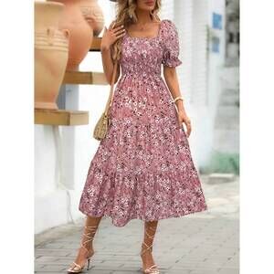 NEW TRENDSI floral square neck short sleeve tiered dress in pink
